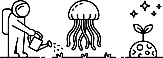 Astronaut watering space jellyfish in alien garden line art with sprout on moon planet and sparkling stars. © JERIN