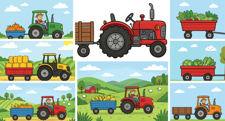 Colorful Farm Tractors with Wooden Trailers Carrying Harvest Crops and Produce in Countryside Agriculture Illustration Design © MdMenhajul