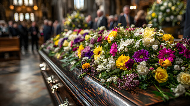 The funeral ceremony involves a coffin with flowers in the foreground and people crying in the background.