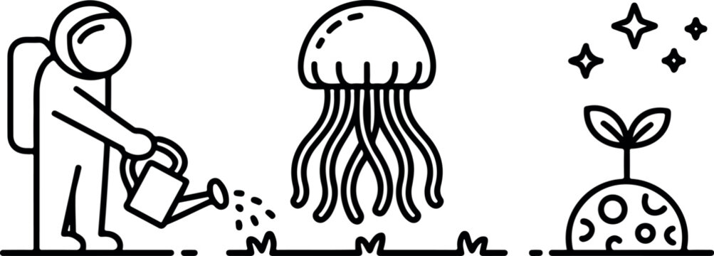 Astronaut watering space jellyfish in alien garden line art with sprout on moon planet and sparkling stars.
