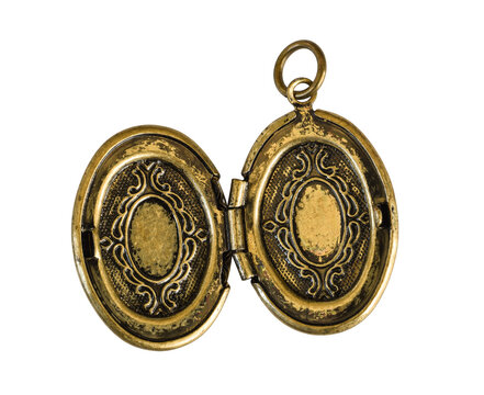 Open vintage oval locket pendant with ornate antique metal detailing isolated on transparent background. Decorative jewelry piece symbolizing memory, love, keepsake, nostalgia, or sentimental value