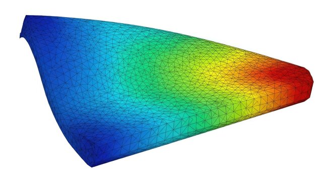 Scientific visualization of a structural mesh showing strain patterns through a color gradient map isolated on a clean white background, data, graphic, spectrum