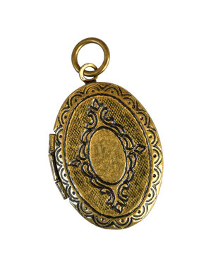 Closed vintage oval locket pendant with ornate antique metal detailing isolated on transparent background. Decorative jewelry piece symbolizing love, memory, secrecy, nostalgia, or sentimental value