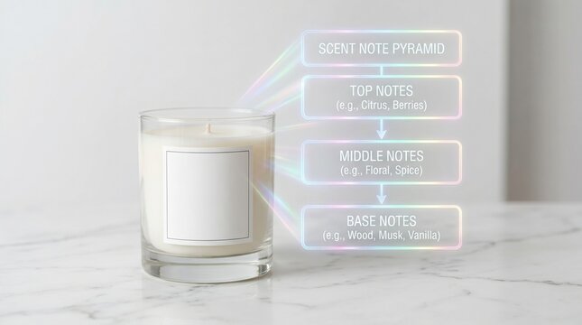 Candle with holographic scent note pyramid on marble surface