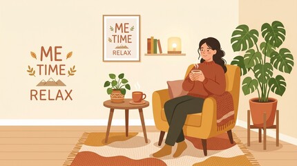 Fototapeta premium Cozy Relaxation Corner with Chair and Plant for Self Care Concept Vector