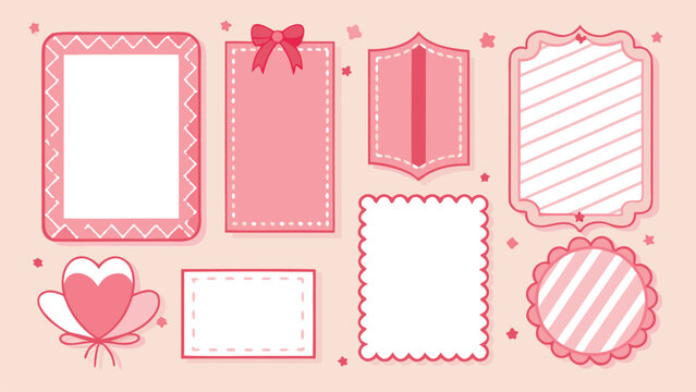 Cute collection of pink decorative frames and stationery labels for scrapbooking