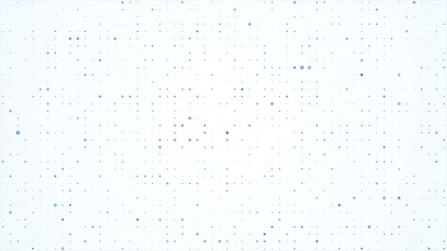 Abstract technology background of purple and blue dots motion on white. Big data technologies concept, digital grid pattern. Minimalist white background for business presentations and tech visuals. 4k