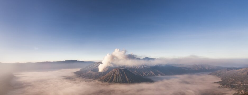 Mount Bromo volcanic clouds, morning atmosphere, Mount Batok, Mount Kersi, Mount Semeru, Bromo Tengger Semeru National Park, East Java, Indonesia