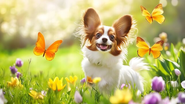 Friendly Papillon with fluttering ears in flower garden Springtime