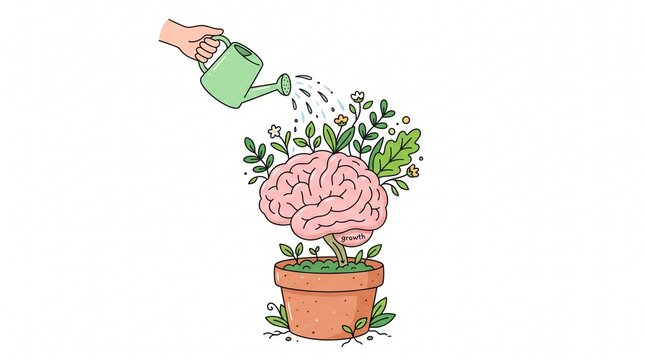 Mental Growth Concept with Watering Can and Brain Plant Vector Illustration