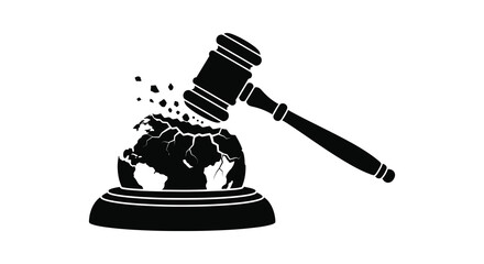 gavel striking globe silhouette on white background © Monjurul