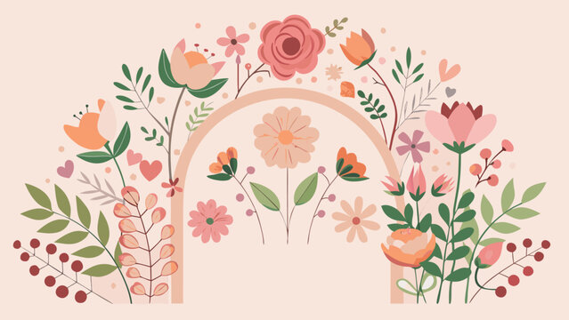 Spring floral rainbow arch with delicate flowers and leaves on soft pink background flat illustration