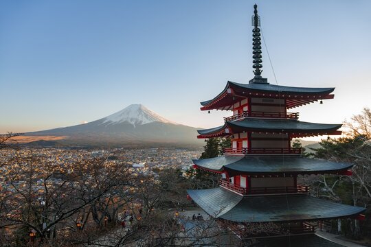 Five-story pagoda of a Shinto Shrine, Chureito Pagoda, with views of Fujiyoshida City and Mount Fuji volcano at sunset, Arakura Fuji Sengen Shrine, Arakurayama Sengen Park, Yamanashi Prefecture, Japan