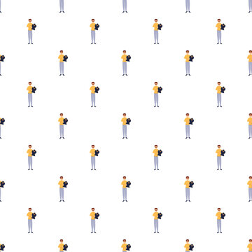 Repeat pattern of cartoon robbers wearing masks and holding stolen items