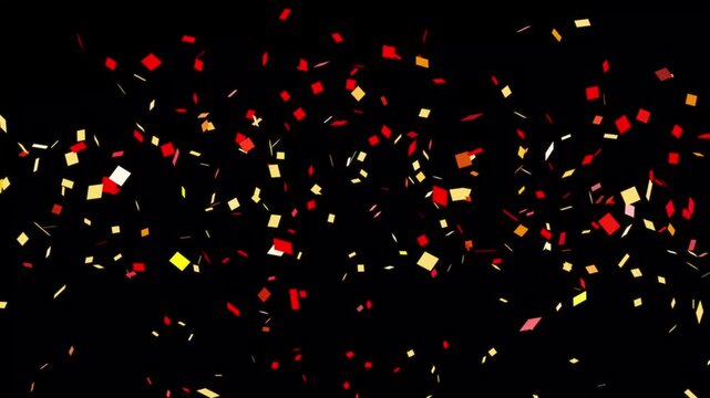 Colorful square confetti and glitter explosion rain falling from top to bottom on black background, vibrant multi-color particles for party, celebration, birthday, and wedding overlay.