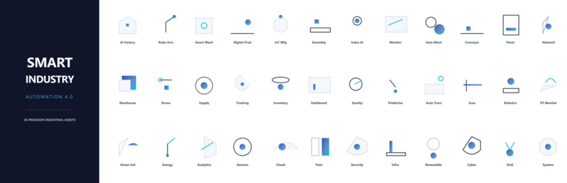 Smart industry automation 2.0 vector icon set, blue industrial manufacturing symbols, 36 technical engineering line icons for factory technology
