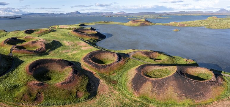 Aerial view of green volcanic crater, pseudo-crater at Lake M&yacute;vatn, Sk&uacute;tusta&eth;ir, Nor&eth;urland eystra, Iceland