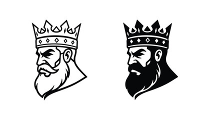 Profile portrait of king with crown in line art and solid black graphic style for medieval character design or gaming logo assets © Canvas