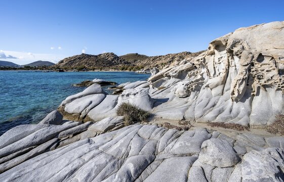 Rock formations on the coast with turquoise sea, Kolimbithres beach, Paros, Cyclades, Aegean Sea, Greece