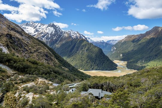View of the Routeburn Flats with Routeburn Falls hat, Routeburn Track, Humboldt Mountains, Westland District, West Coast, South Island, New Zealand