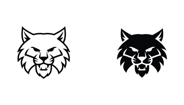 Fierce bobcat head in line art and solid black graphic style for sports mascot logo or wildlife conservation branding