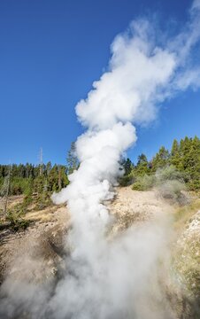 Steaming thermal spring, Dragon's Mouth Spring, Yellowstone National Park, Wyoming, USA