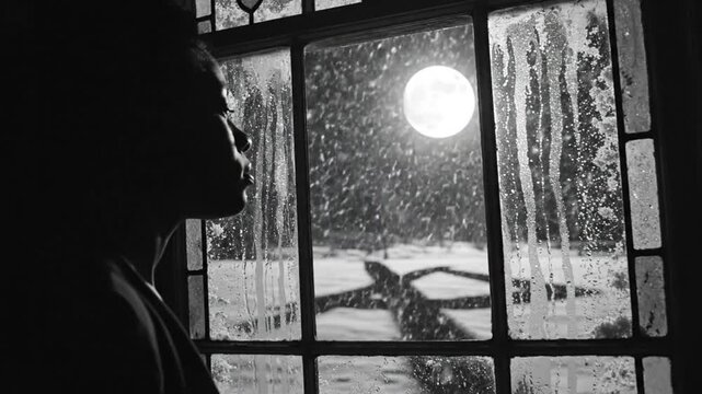 Melancholy Silhouette Gazing Out a Wintery Window with the Full Moon Shining in the Night