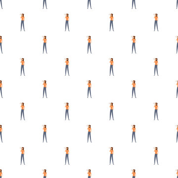Cartoon woman smoking cigarette forms a repeating pattern on white background