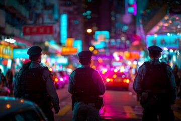 Fototapeta premium A busy street is illuminated by vibrant neon city lights, and three police officers stand vigilantly.