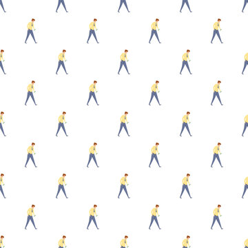 Seamless pattern of men walking while using smartphones, illustrating digital distraction and technology use
