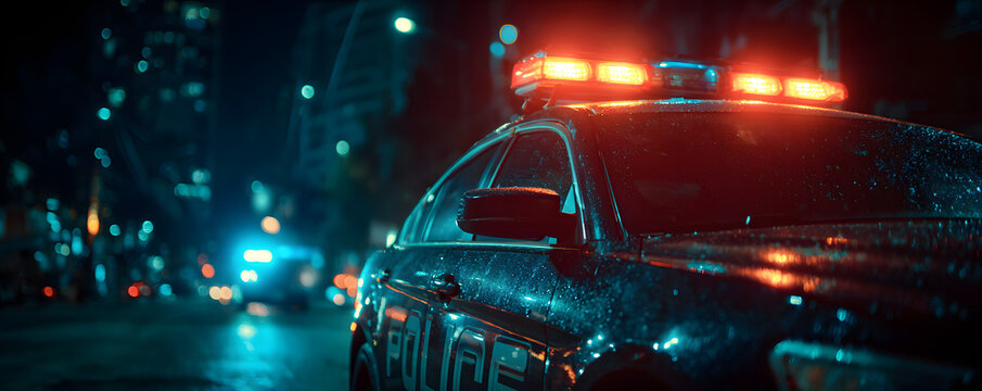 In a city at night, police cruiser lights shine red and blue emergency flashers that illuminate dark streets. A law enforcement vehicle with a siren is positioned in an urban setting to provide a resp