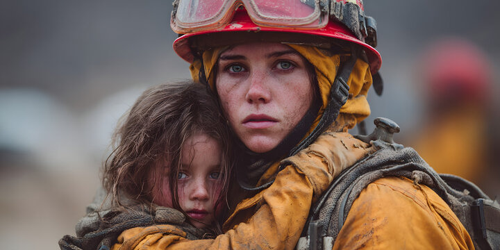 A rescue mission depicts a female firefighter demonstrating authority, confidence, and responsibility in her role by carrying a child to safety, created using Generative AI.