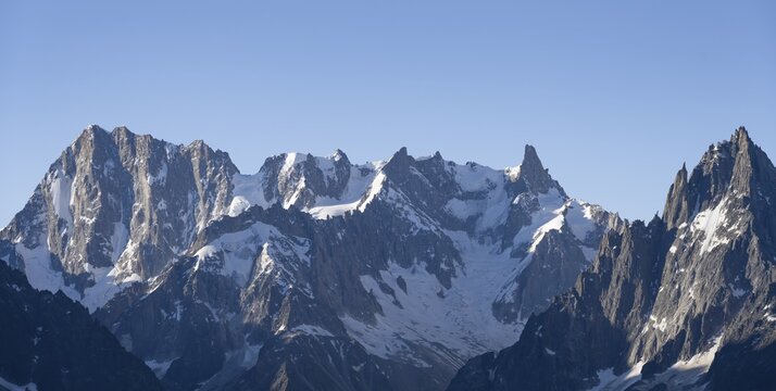 View of spectacular rocky pointed mountain peaks of the Grand Jorasses, Mont Blanc Massif, Aiguilles Rouges, Chamonix-Mont-Blanc, Haute-Savoie, France