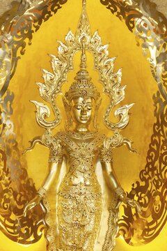 Symbolic depiction of Buddha as an enlightened, radiant and royal being, with a flame-shaped ornamental halo (aureole), Buddhist temple complex Wat Phra That Sorn Kaew, Phetchabun province, Thailand