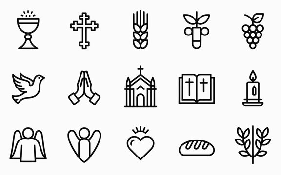 Elegant thin line icons for christian faith and spirituality including church symbols and religious objects
