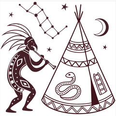 kokopelli shaman constellation snake tipi tribal vector illustration © SUJOY
