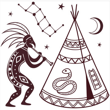 kokopelli shaman constellation snake tipi tribal vector illustration