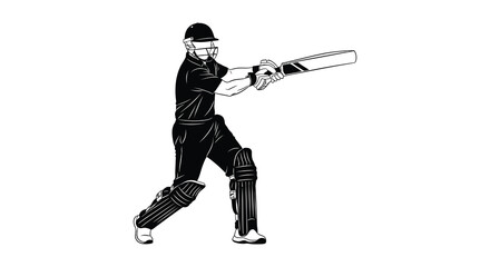 Obraz premium Cricket player silhouette swinging bat black and white illustration