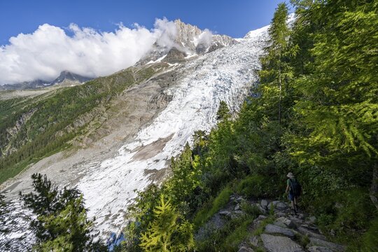 Impressive mountain landscape with glacier, view of Glacier des Bossons and summit of the Aiguille du Midi, La Jonction hike, Chamonix, Haute-Savoie, France