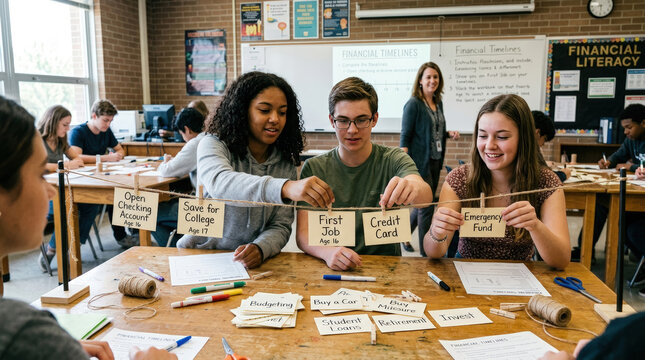Classroom scene where students are building financial timeline