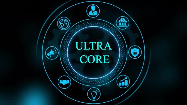 Ultra core digital interface with rotating business and global network connectivity hud animation business technology