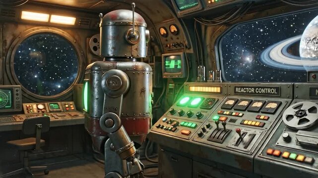 Tracking shot of retro robot operating reactor control panel inside spaceship cockpit interior with stars planet and ringed moon visible through round window