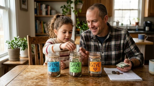 Father teaching his daughter how to divide weekly allowance