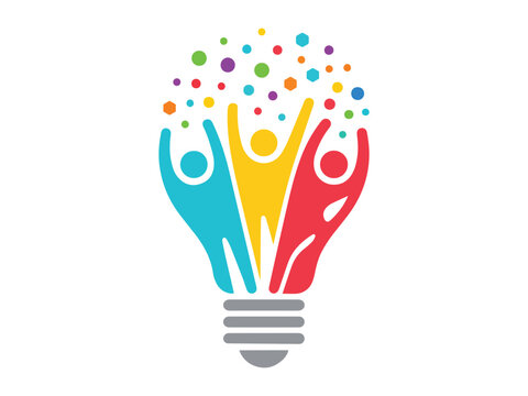 Creative community leadership concept with people forming lightbulb shape and colorful dots symbolizing innovation and ideas.