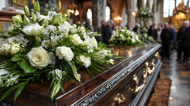 A funeral ceremony is taking place with flowers on a coffin in the foreground, and crying people in the background.