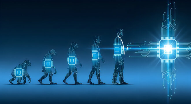 Future evolution change of human resources employee work labor recruitment to iot ai robot computer, technology transform replace human job Digital innovation generation disrupt businessman blockchain