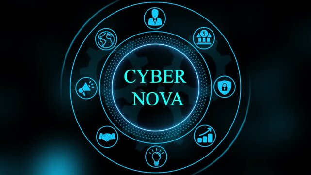 Cyber nova digital technology interface with rotating business and network connectivity infographic animation