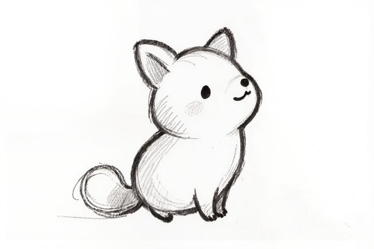 Dessin kawaii d&rsquo;un petit renard mignon r&eacute;alis&eacute; au crayon sur fond blanc dans un style minimaliste