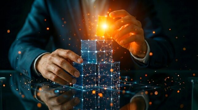 Future Technology Solutions: Human Hand Assembling Digital Data Blocks. Illustrating Strategic Business Innovation and Artificial Intelligence Development Concepts.