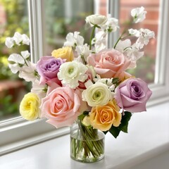Obraz premium Flowers in a Glass Vase Placed by a Window With Natural Light Coming Through During Daytime